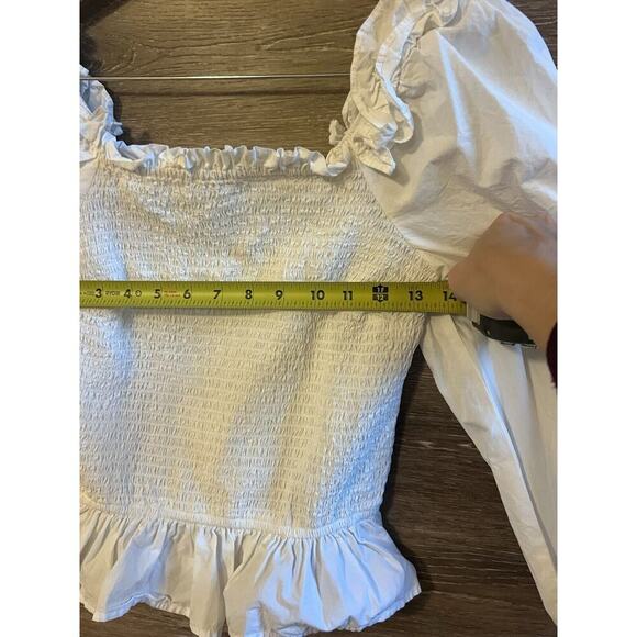 The Drop Top White Crop Shirt Ruffle Form Fit Puff Sleeves Peasant Marisol SMALL - Picture 4 of 7